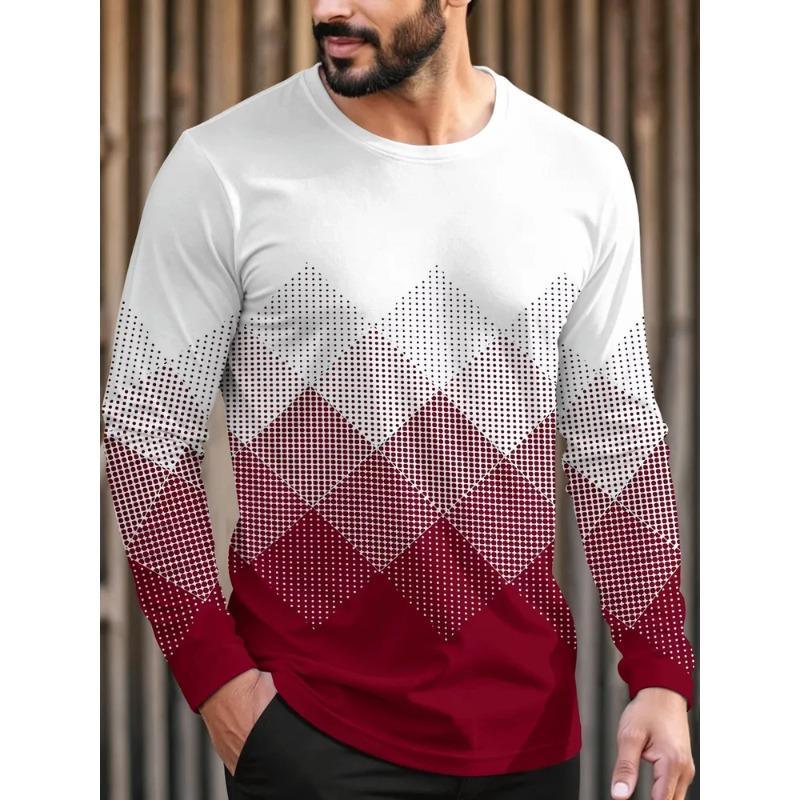 Autumn and Winter Men's Striped Geometric 3D Printed Crew Neck Long Sleeve T-Shirt