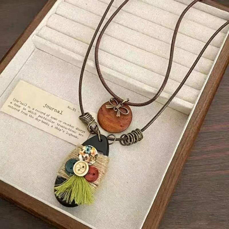 Handmade Boho Leather Cord Necklace Adjustable Vintage Button Tassel Pendant Ethnic Neck Jewelry for Women Party