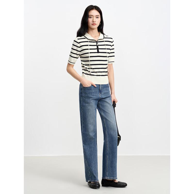 JUZUI Women's 2026 Spring Striped Hooded Half-Zip Knit Shirt