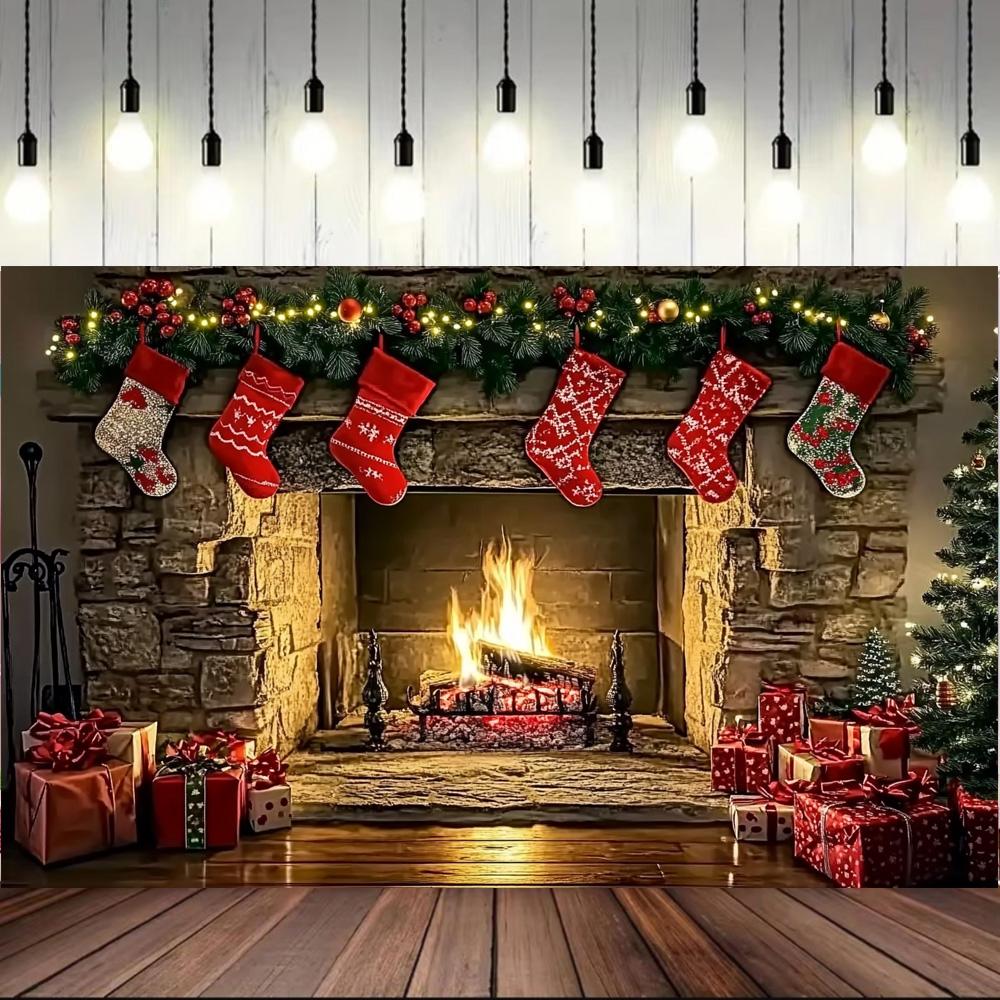 Christmas Fireplace Scene Background 180x10cm Polyester Backcloth For Xmas Photography Home 2025 Party Decorations Banners