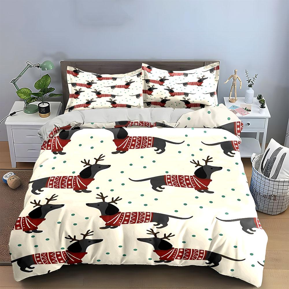 Dachshund Reindeer Sweater Print Bedding Duvet Cover Set Duvet Cover Pillowcases (1*Duvet Cover 2*Pillowcases, without duvet insert)