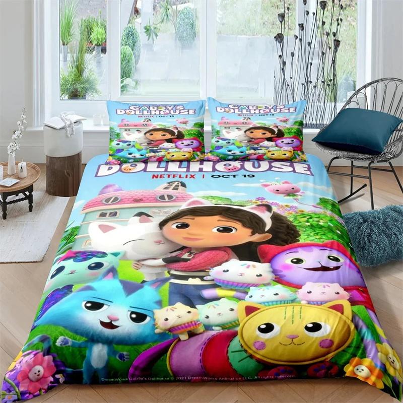 New 3D Gabby's Dollhouse Bedding Set Polyester Duvet Cover Set Pillow Cover Single Twin Full Bed Linen for Girls Boys Kids Gift
