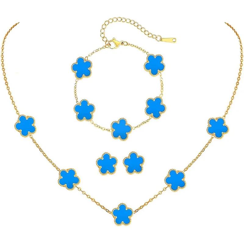 Conjunto de Joias Trevo Cor Prata para Mulheres Aço Inoxidável Hipoalergênico À Prova D'água Brincos Flor Colar Corrente Pulseira Novo