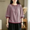 ZANZEA Women Casual Round Neck 3/4 Sleeve Grid Print Loose Blouse