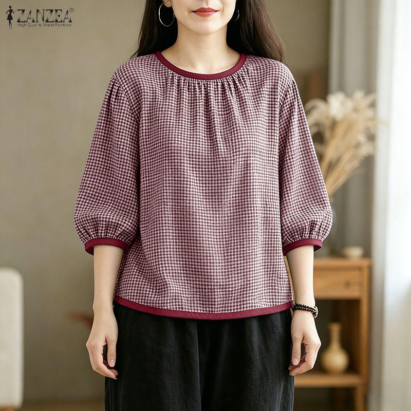 ZANZEA Women Casual Round Neck 3/4 Sleeve Grid Print Loose Blouse