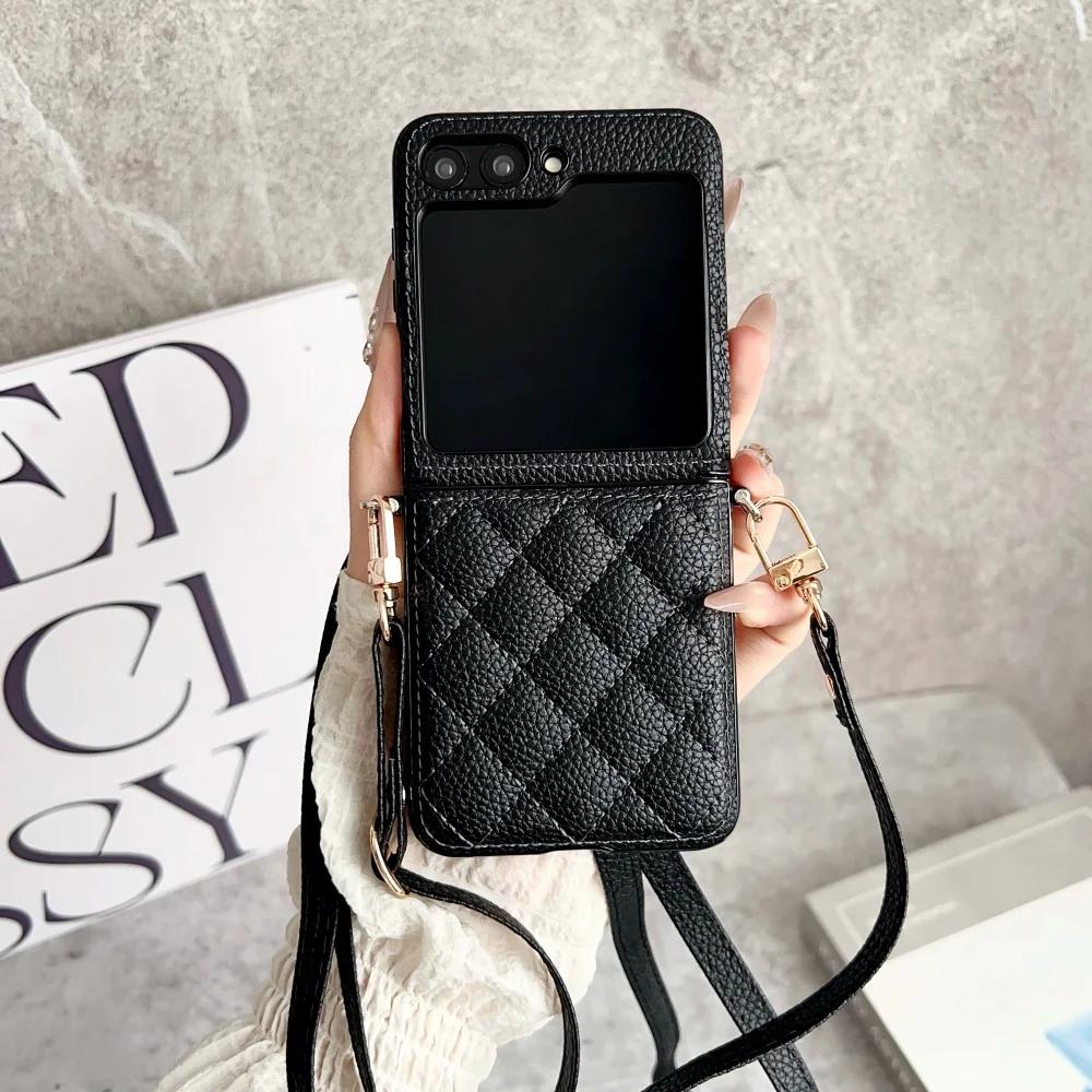 Custodia per telefono in pelle PU con motivo a griglia 3D alla moda per Samsung Galaxy Z Flip 7 6 5 4 Flip6 7FE con tracolla lunga a tracolla