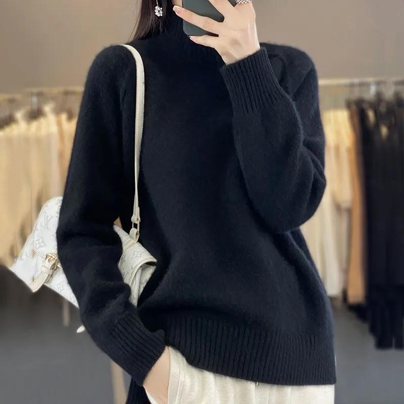 Autumn and Winter  Women's High-Necked Cashmere Sweater Soft Thickened Lazy Raglan Sweater with Slit  Pullover Loose Top