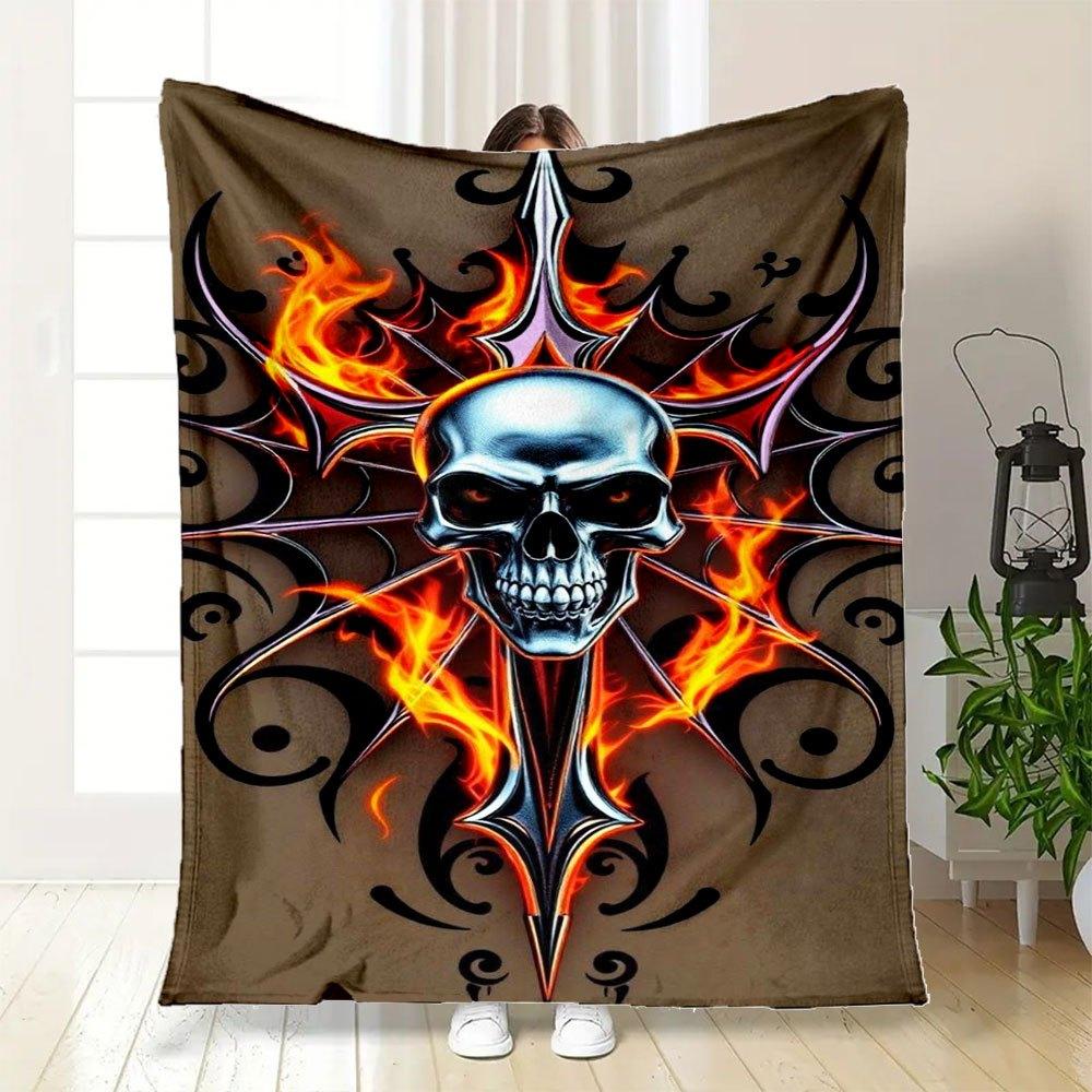 """Flammender Totenkopf Tattoo Design Aufkleber Abziehbild"Flanell Kuscheldecke für Sofa, Bett, Reise, Camping, Büro"""