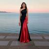 Contrast Color Slanted Shoulder Satin Fishtail, Banquet Light Luxury Long Dress, Dinner Party Red Carpet High-end Evening Wear