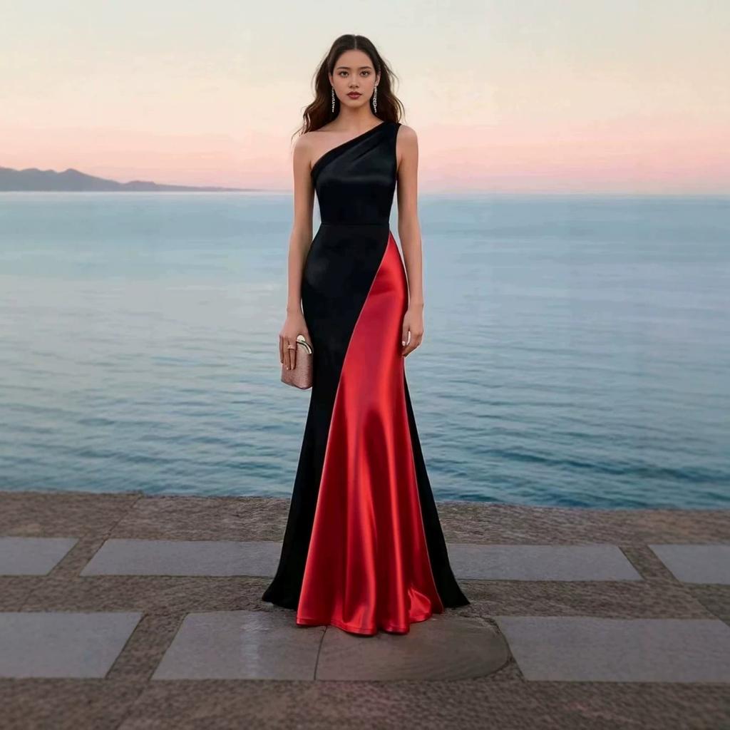 Contrast Color Slanted Shoulder Satin Fishtail, Banquet Light Luxury Long Dress, Dinner Party Red Carpet High-end Evening Wear