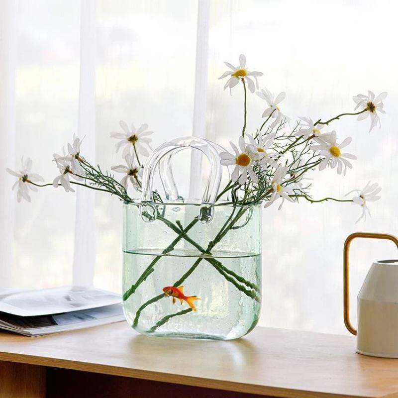 Trendige Glas-Handtaschen-Vase, Kreative Blasen-Fischglas-Blumenvase für Tischplatte, Hydroponische & Dekorative Blumen