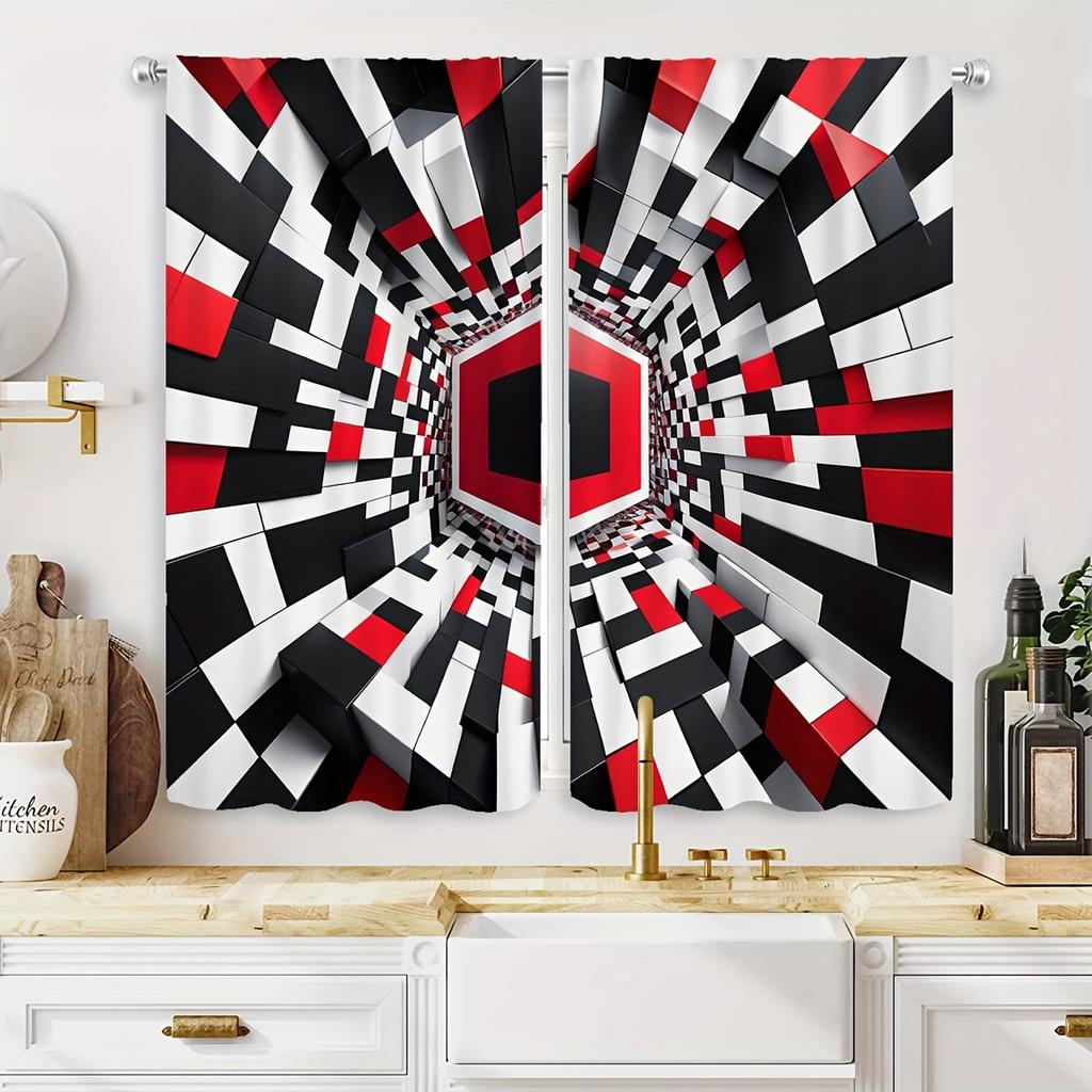 2pcs Set Modern Geometric Curtains Black & White Rod Pocket Design for Easy Hanging for Living Room Bedroom Kitchen Window Drape