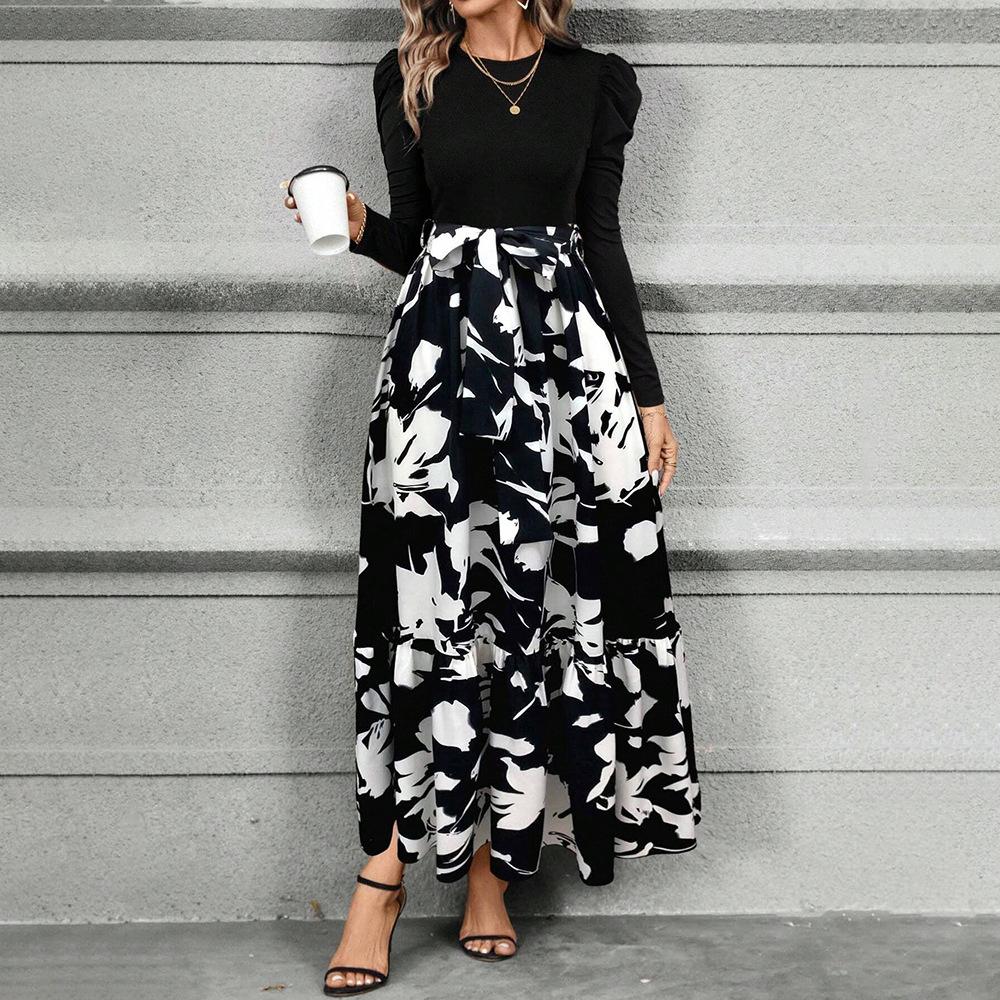 

Женское весенне-осеннее платье с длинным рукавом, круглым вырезом, бандажной вставкой, цветным принтом, А-силуэта, цельнокроеное XL