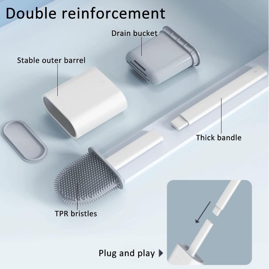 Silicone Toilet Brush with Wall-Mounted Storage Box - Flat Head Design, Suitable for Bathroom and Kitchen Cleaning, Durable Silicone Material