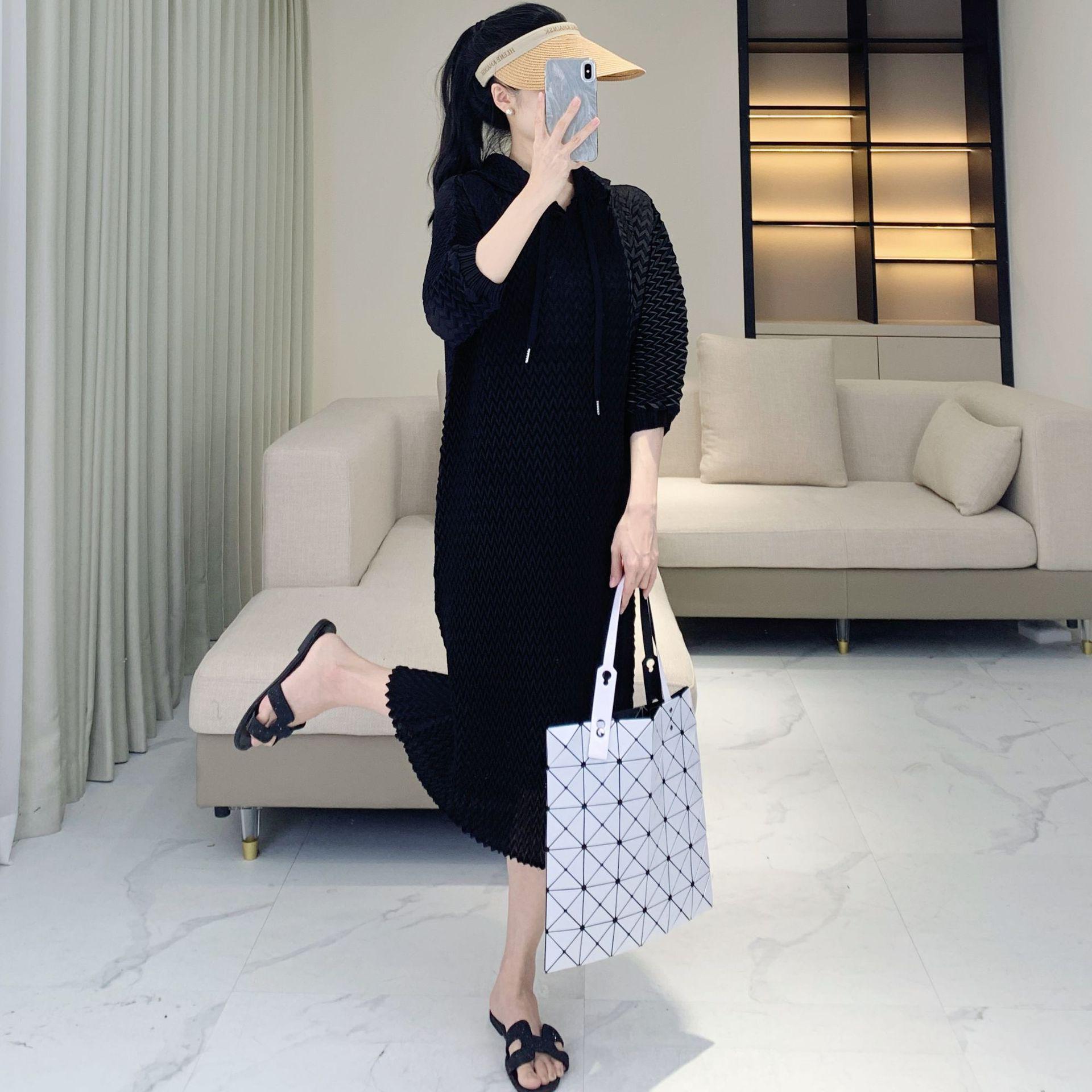 

Повседневное платье с капюшоном для женщин больших размеров - Рукав семь восьмых, средней длины, весна/лето, маскировка живота One Size [fits 90-150 jin] чёрный