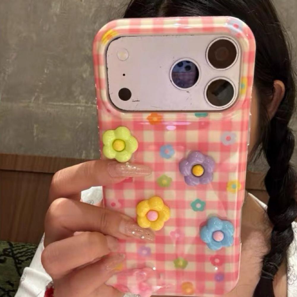 Cute Pink Plaid 3D Colorful Flowers iPhone 17 Pro Max Case Creative Girl Style Phone Cover