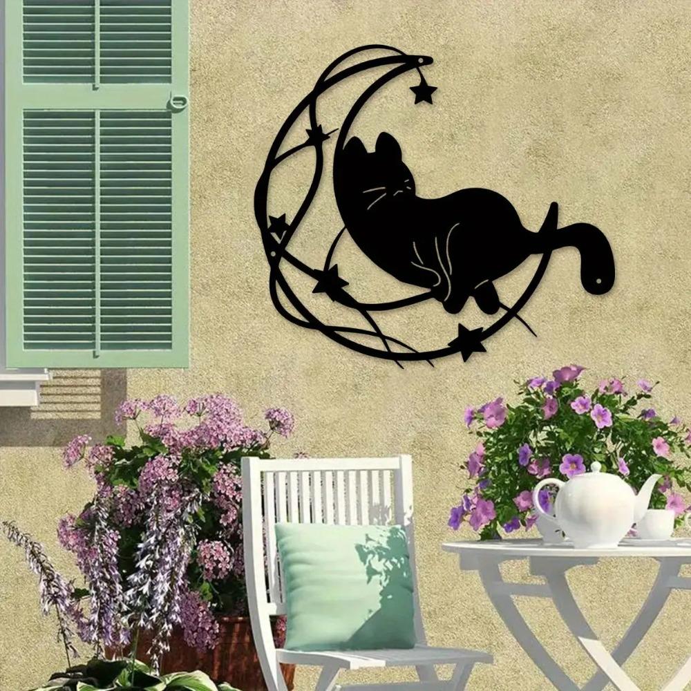 Skurriles Mondlichtkatze Metall-Wandkunst Innen Außen Dekoration für Wohnzimmer Terrasse Balkon Magischer Hausakzent