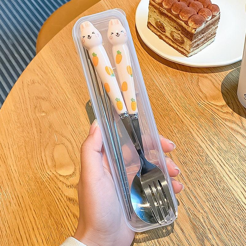 Stainless Steel Cartoon Knife Fork Spoon Kitchen Dinnerware Animals Glossy Ceramic Handle Set With Box For Dessert Steak
