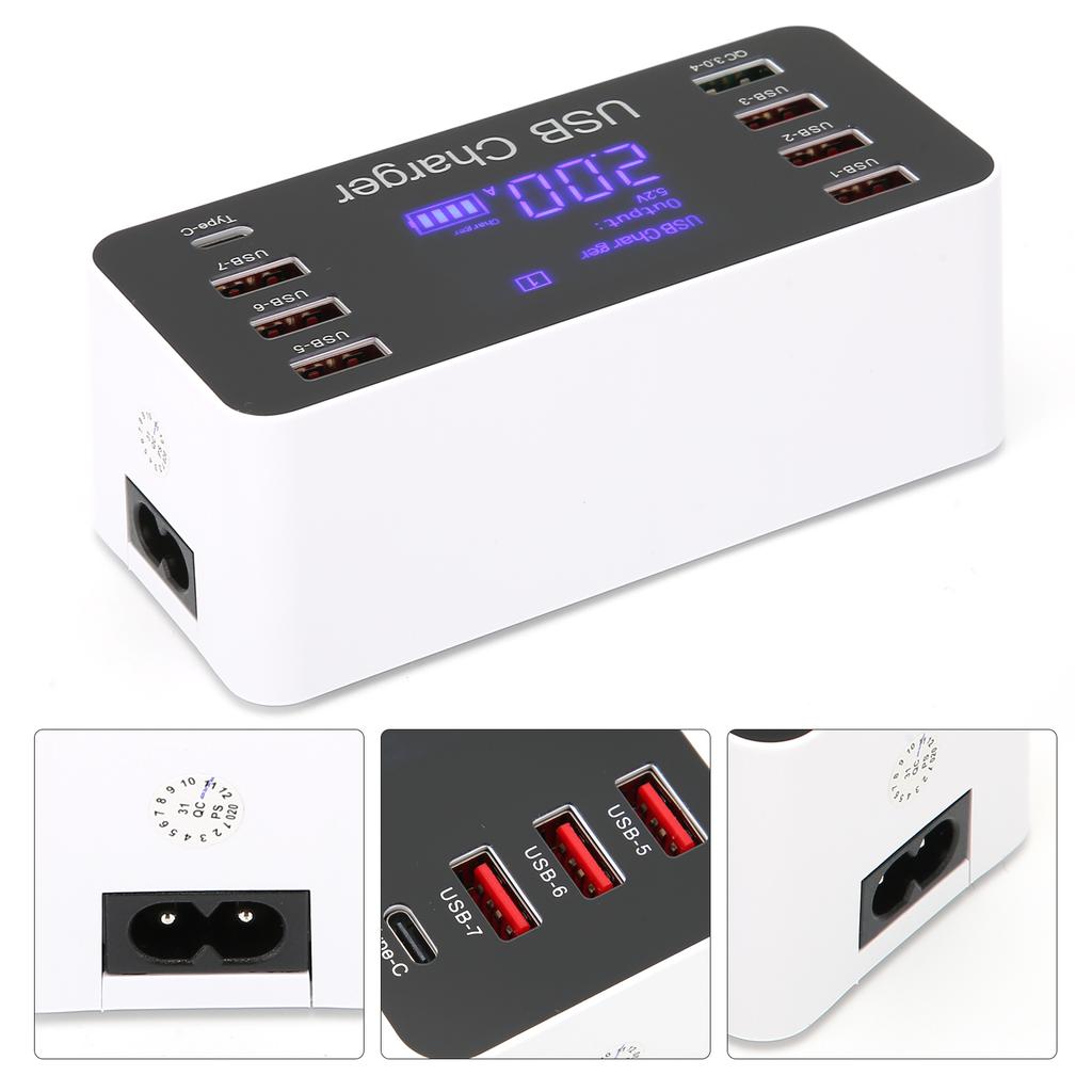 LCD Display USB Charger 8 Port TypeC Quick Charging 40W for Phone Tablet Computer