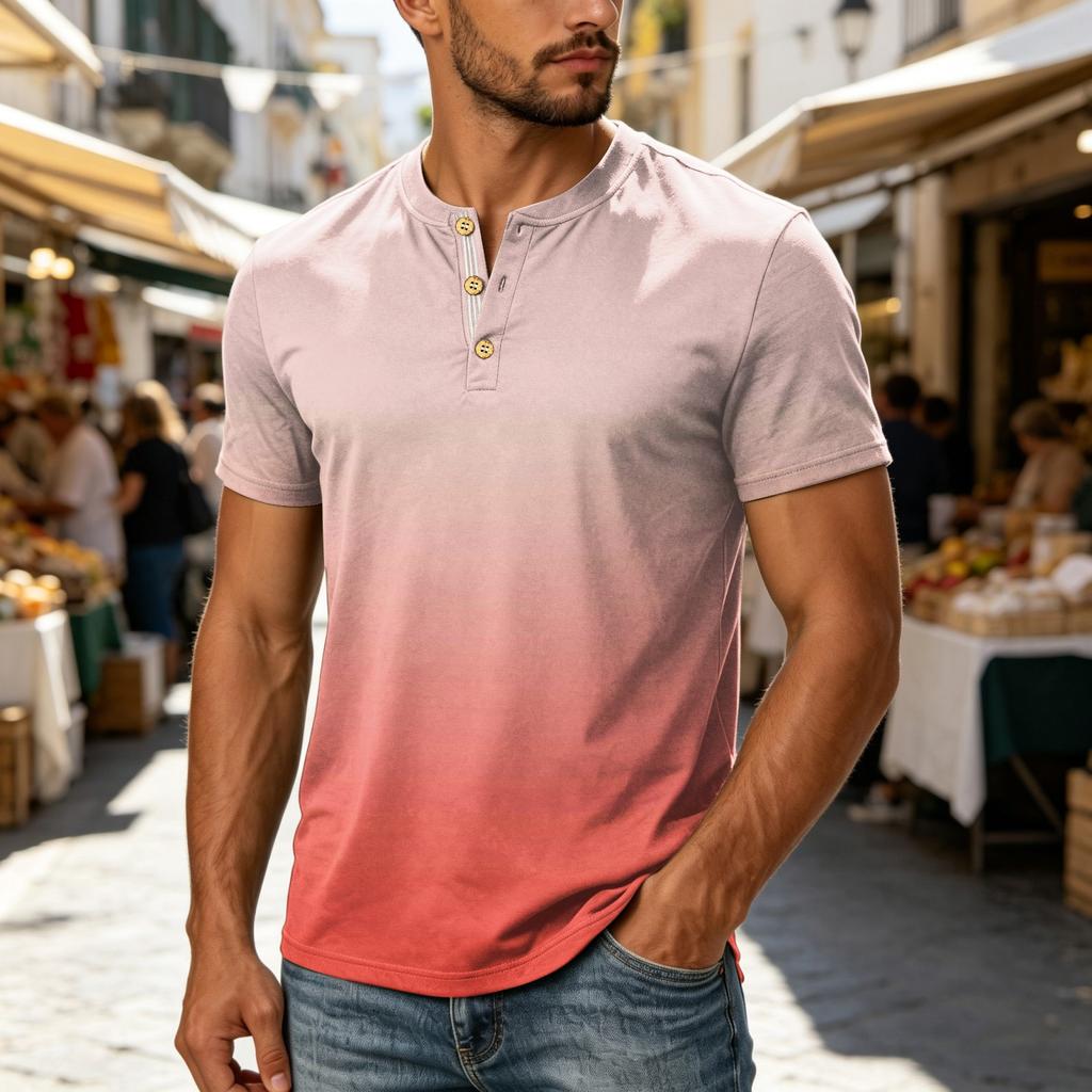 Men's Short Sleeve Henley Shirt Casual Button Up Top Lightweight Breathable Cotton Blend Summer Tee