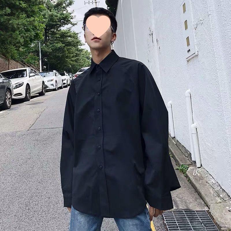 Hong Kong Style Men's Loose Solid Color Long Sleeve Casual Shirt, Plus Size, White, Spring/Autumn