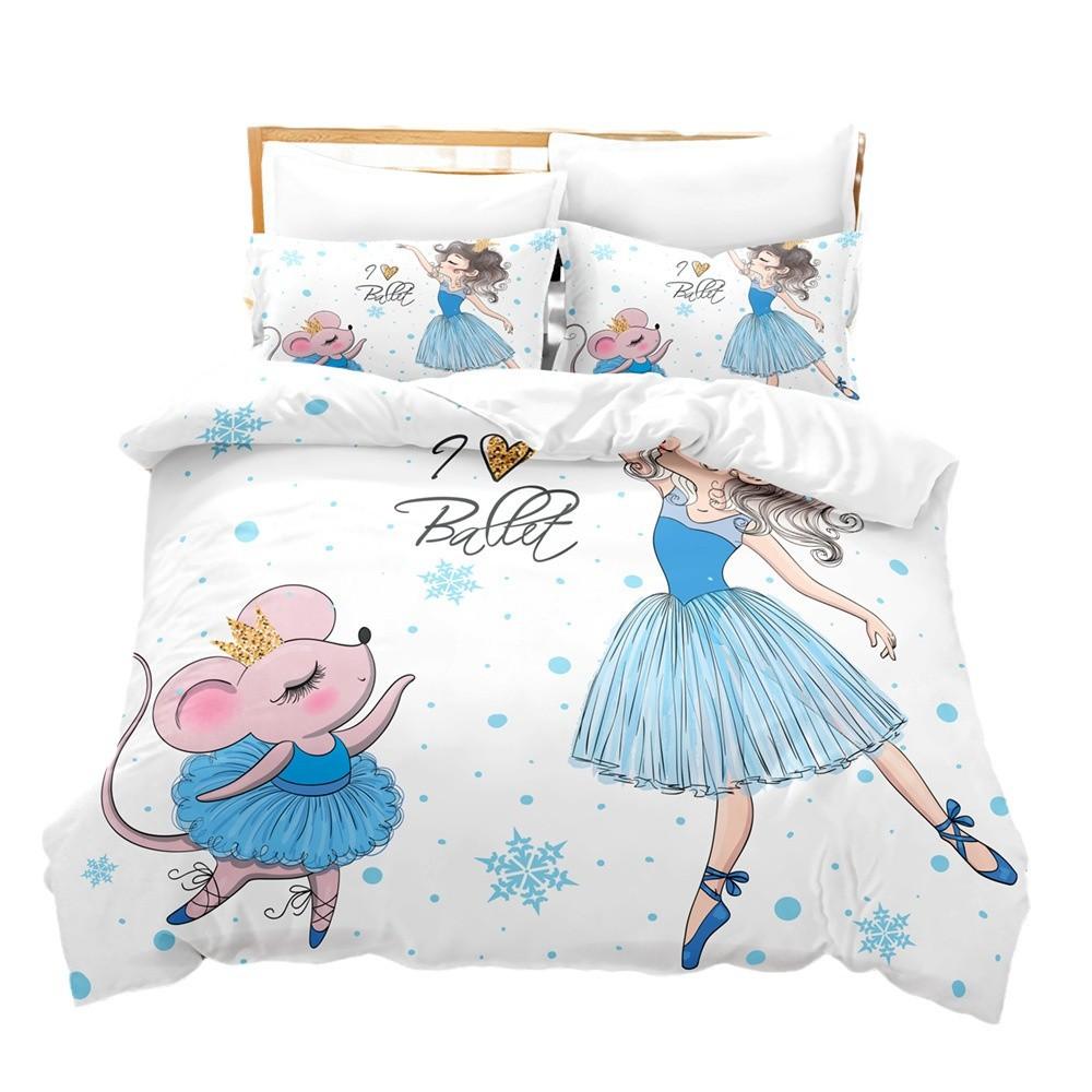 3D Digital Printing Bedding Kit Cartoon Ballet Girl Swan Dance Bedding Three-Piece Set