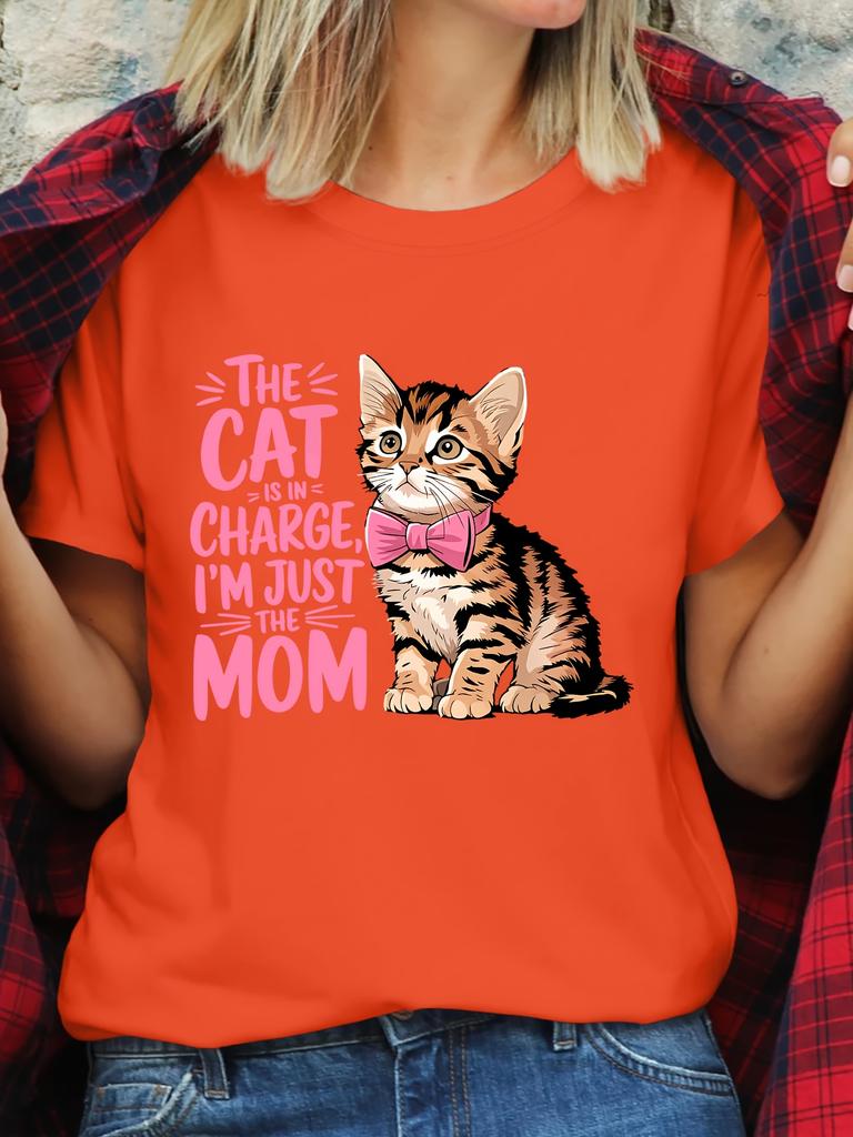 The CAT IS IN CHARGE IM JUST THE MOM Womens Short Sleeve Tshirts Cartoon Kitten Print T Shirts Fashion Cat Mama Tops Gifts