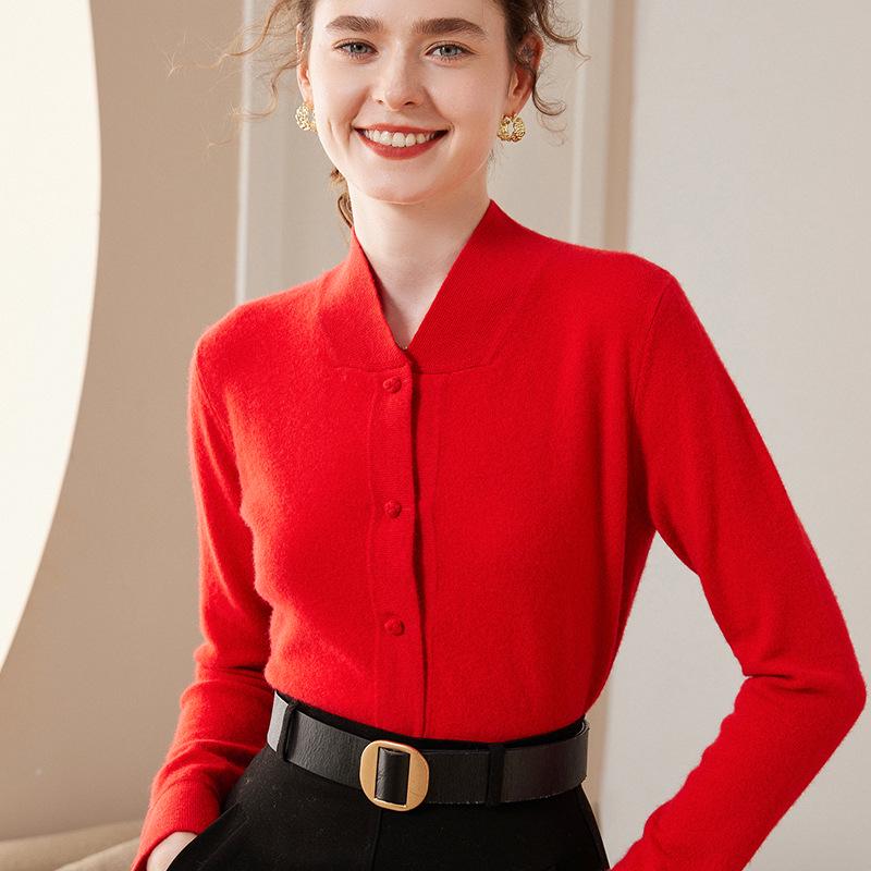 Women's Hand-Knitted Cashmere Cardigan, Short Stand Collar, Loose Fit, Big Red, Autumn/Winter Sweater.