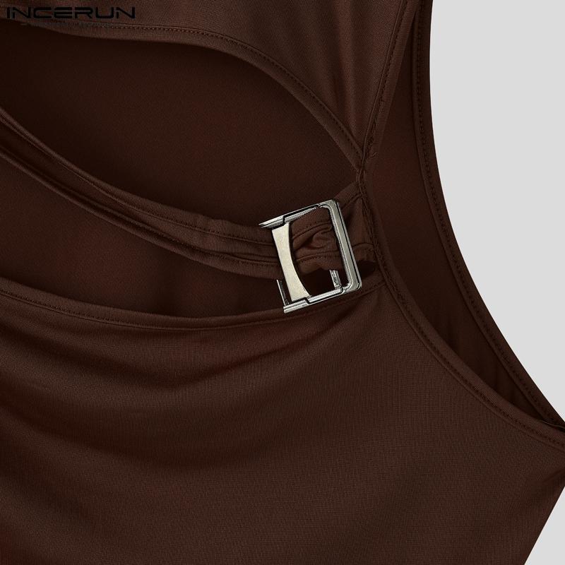 INCERUN Men Mockneck Sleeveless Cutout Casual Fitted Crop Tank Tops with Oversleeve