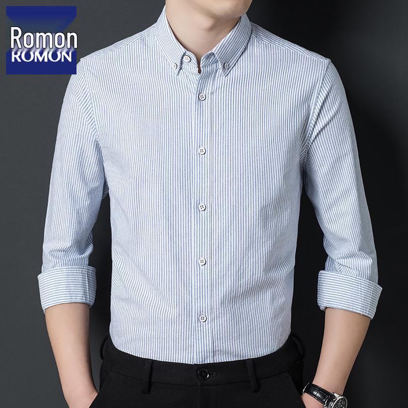 

Romon Men s Striped Non-Iron Long Sleeve Cotton Shirt - Casual & Formal Spring/Autumn Wear M синій