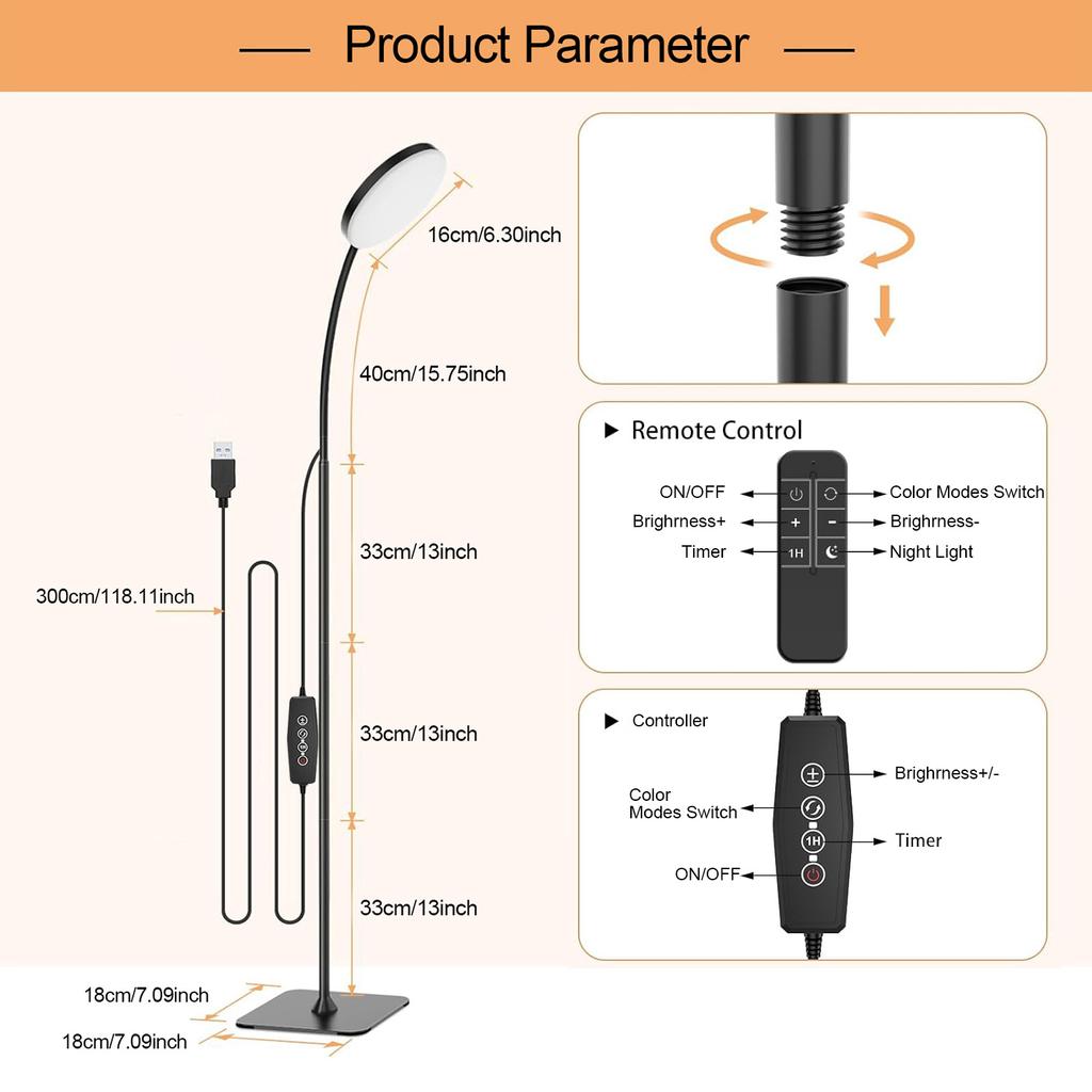 Candeeiro de Chão LED 10W Regulável 3000K-6000K com Temporizador Controlo Remoto Pescoço de Ganso Ajustável Candeeiro de Leitura de Pé para Sala de Estar