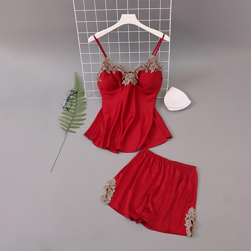 Damski zestaw piżamowy z lodowego jedwabiu i szyfonu 2025: Letnia/Wiosenna Koszulka na Ramiączkach z Wkładkami na Piersi, Cienki Fason, Dwuczęściowy Zestaw do Domu.