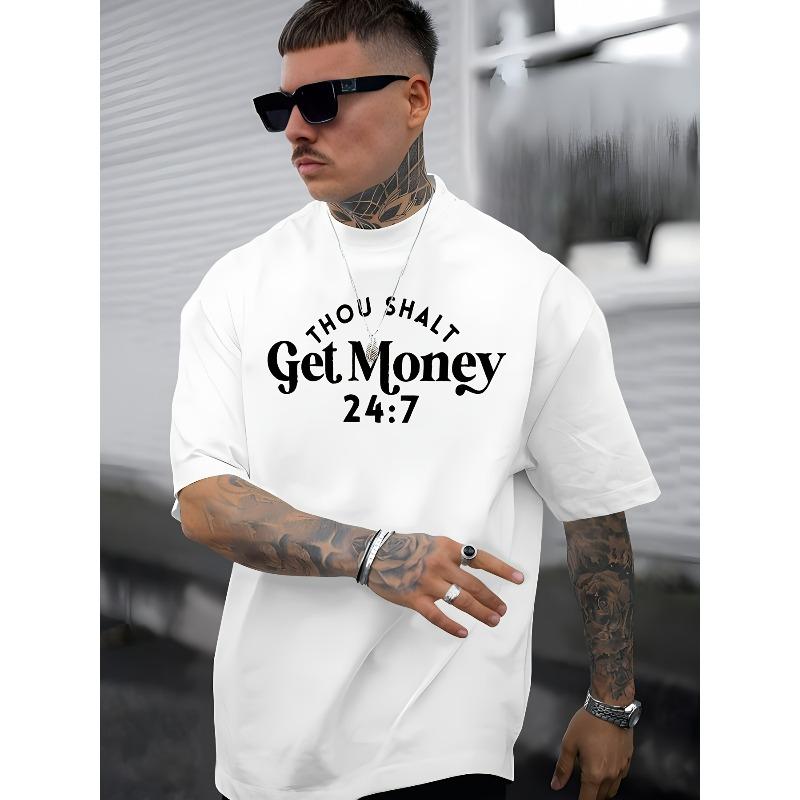 Europäische Größen Get Money Print Herren Kurzarm T-Shirts, Bequeme Lässige Elastische Rundhals Oberteile Für Herren Outdoor-Aktivitäten