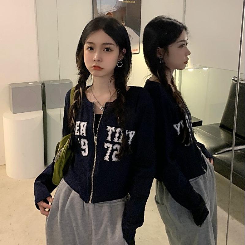 Women's Letter Print Cropped Zip-Up Cardigan Jacket - Slimming Long Sleeve T-Shirt Style Top