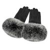 Women Genuine Lambskin Leather Gloves With Real Fox Fur Trim Cuff Winter Warm Driving Gloves-Velvet Lined