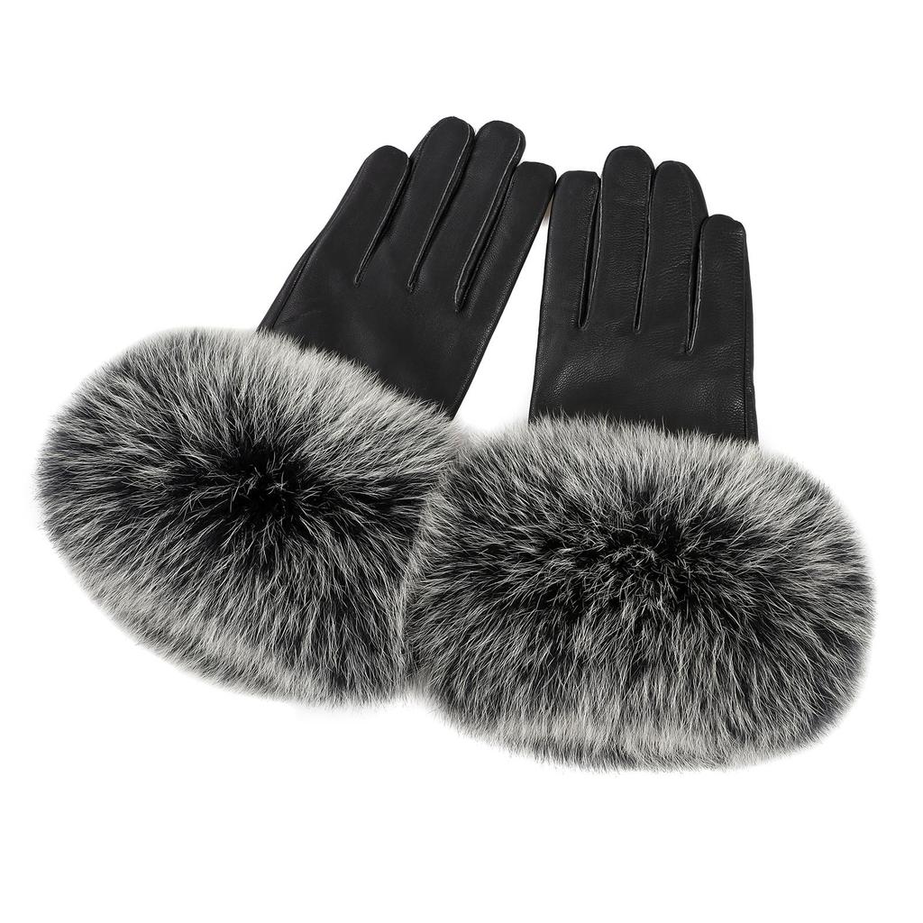 Women Genuine Lambskin Leather Gloves With Real Fox Fur Trim Cuff Winter Warm Driving Gloves-Velvet Lined