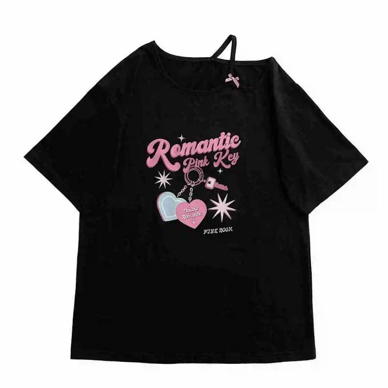 Women Kawaii Off Shoulder T-shirt Harajuku Sweet Girl White Tops Y2k Aesthetic Cute Graphic Tees Japanese Fashion Shirt
