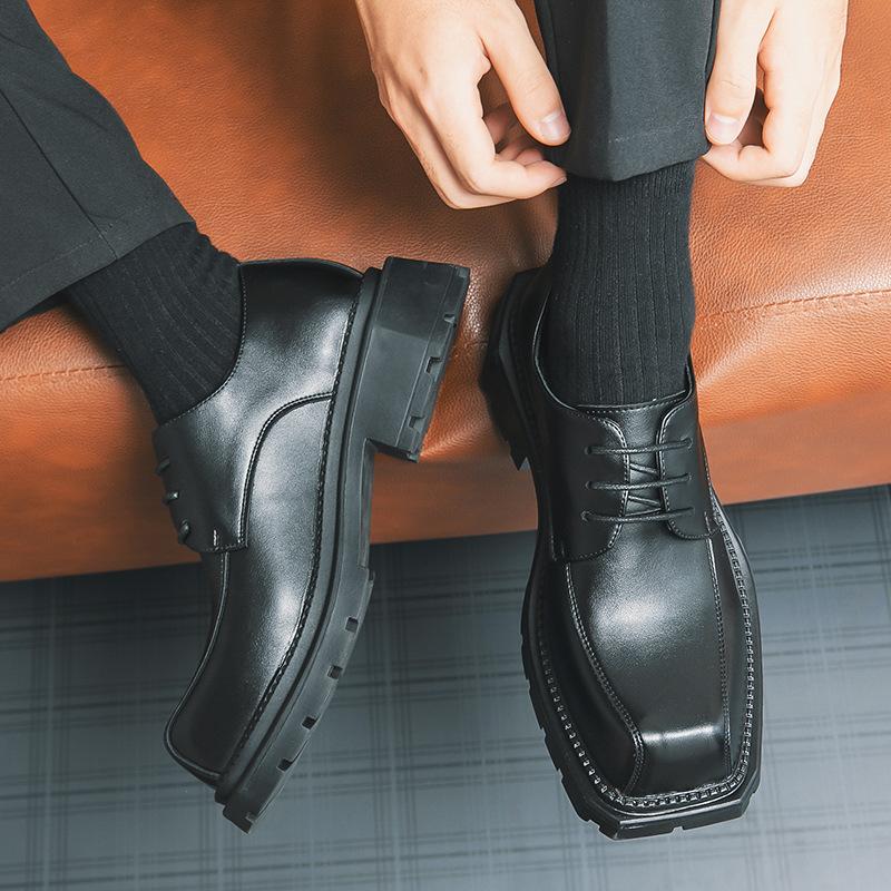 Four Seasons Hong Kong Style Business Leather Shoes Men's Low Top Square Head Platform Shoes British Trend Fashion Casual Derby Shoes