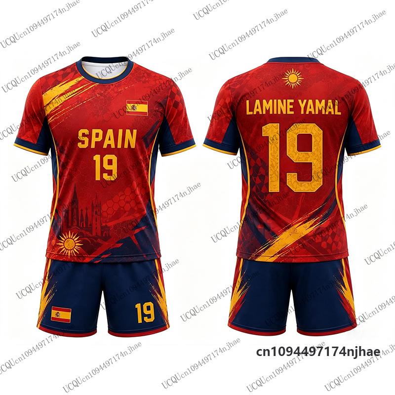 Tuta da Ginnastica per Bambini Spagna Tifosi Yamal #19 Stampa Maglietta+Pantaloncini Set Casual Maglia da Calcio Tuta Sportiva Bambini/Adulti Completo 2 Pezzi