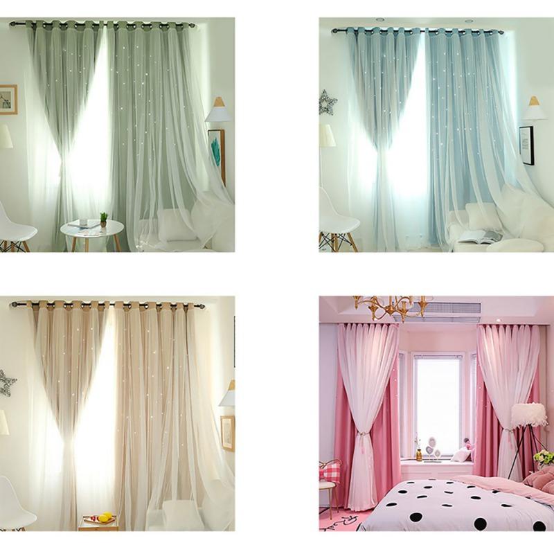 100*200cm Romance Double-Deck Cloth & Blackout Floor-standing Curtain Star Hollow Curtain Drape 2pcs