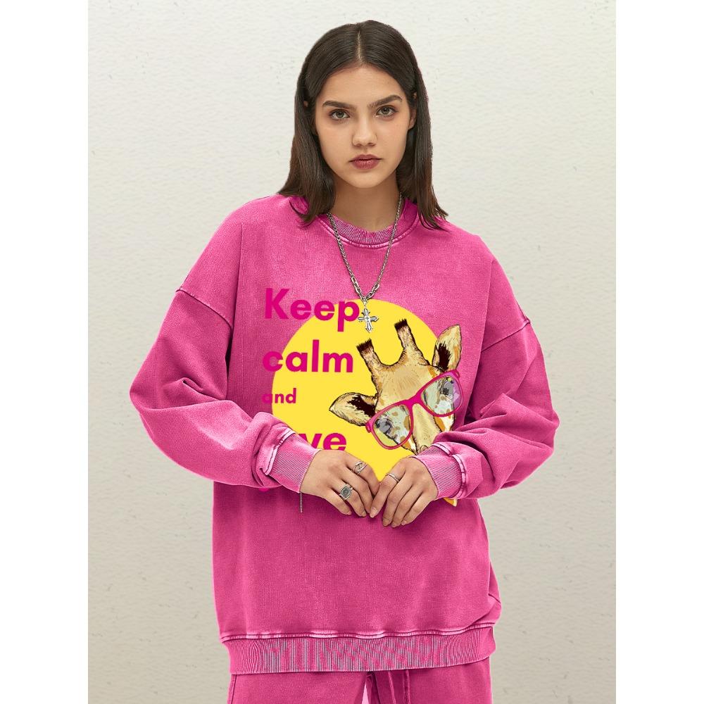 

Сохраняй спокойствие и люби жирафов Принт Женский выстиранный свитшот с круглым вырезом Хлопковая спортивная одежда Свободные осенние пуловеры Одежда 3XL