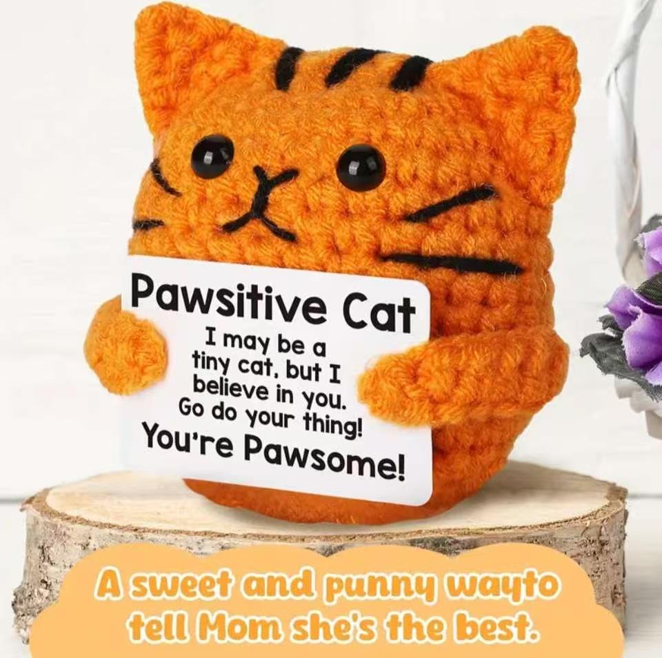 Funny Crochet Positive Inspirational Emotional Support Cat Doll Home Room Decoration Handmade Knitted Cat Desktop Ornament Gift