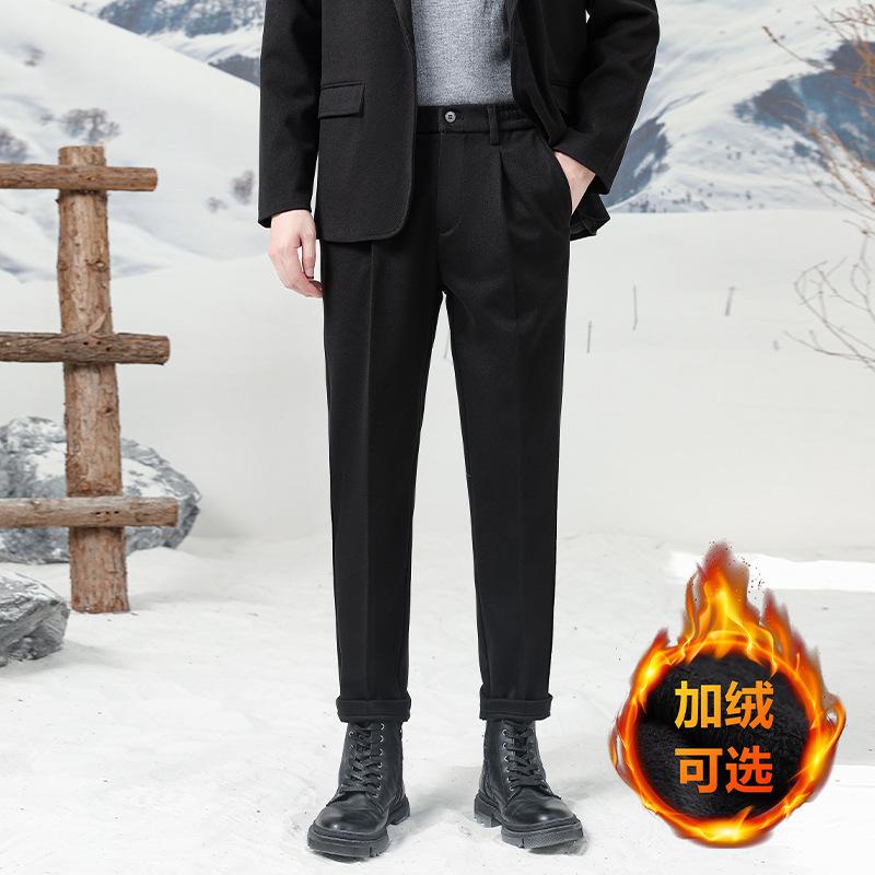 

Новые осенние и зимние модели с плюшевыми и утолщенными мужскими шерстяными брюками, облегающий и универсальный костюм, прямые брюки маленького размера 40 чёрный