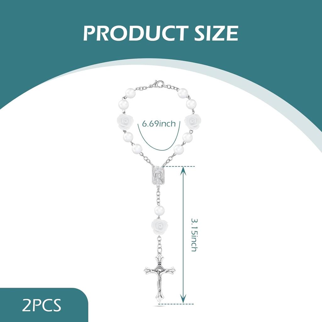 2PCS Car Rose Rosary for Rearview Mirror, Cross Blessing Rear View Mirror Hanging Decors, Auto Interior Hanging Accessories for SUV, Sedan, Truck