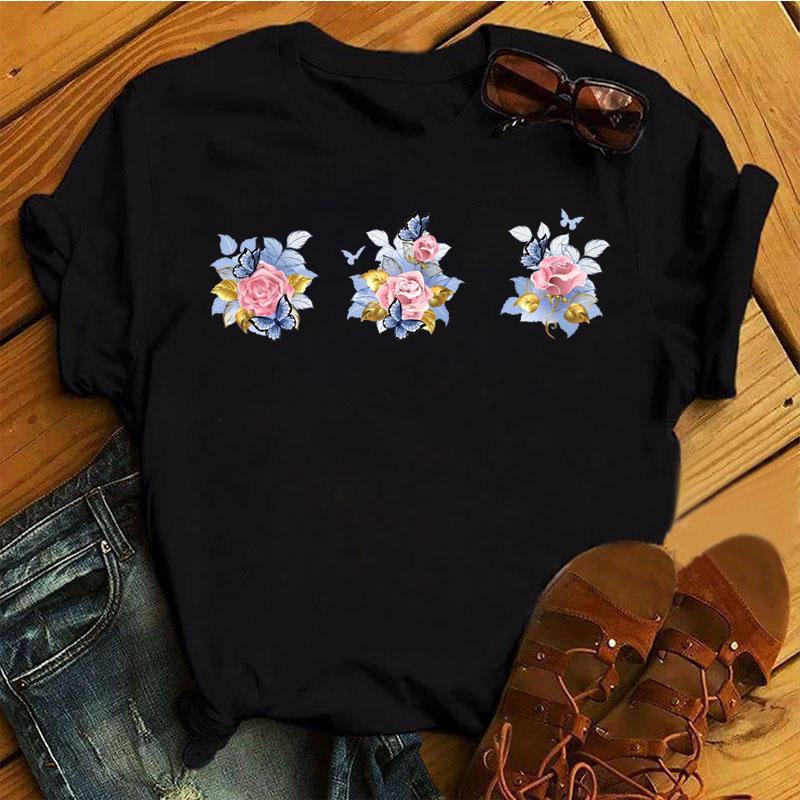 Womens Fashion Tshirt Rose Print Pattern Tshirt Daily Casual Short Sleeve Shirt Summer Round Neck Simple Street Womens