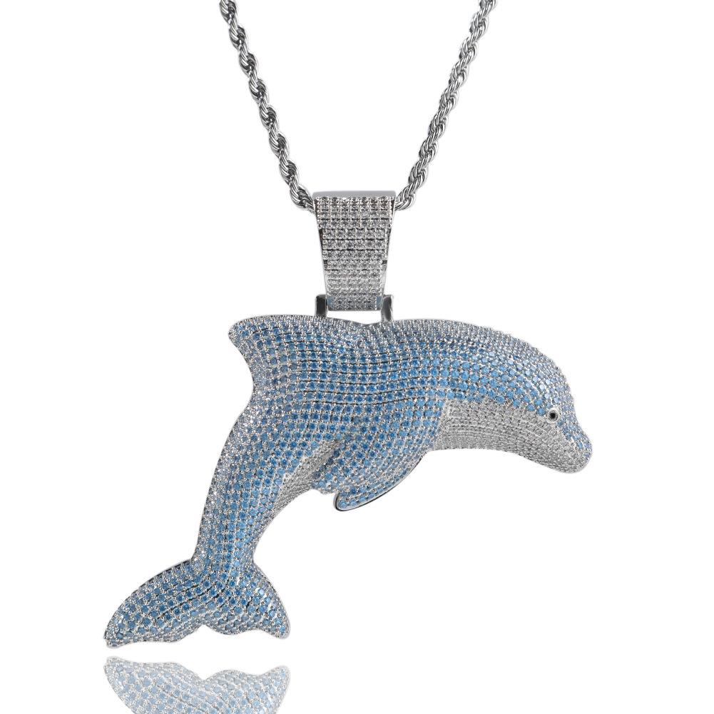 Personalized and creative large dolphin pendant necklace ins hip hop cartoon 5A zircon men and women trendy cool necklace
