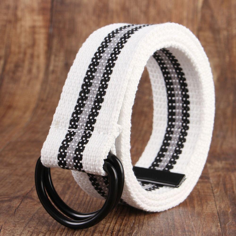 Women Simple Black Buckle Double Ring Waistband Weave Waist Band Nylon Braided Belt Canvas Strap
