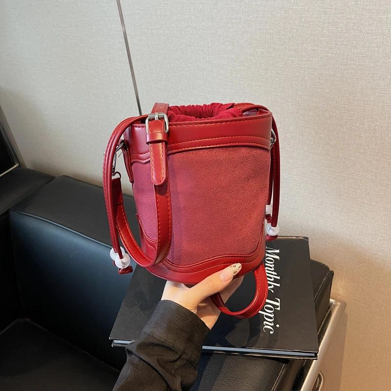 Fake Suede and PU Shoulder Bucket Bag High-quality Solid Rope Large Capacity Autumn New Style Crossbody Bag for Women