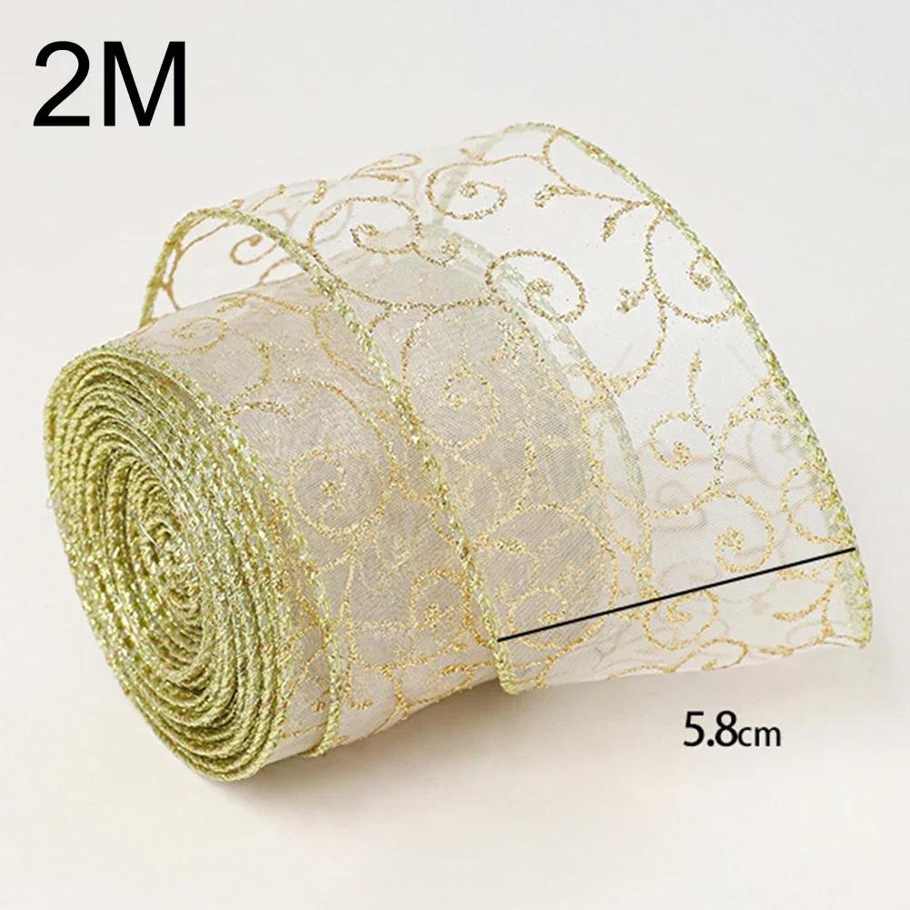 Gold Christmas Ribbon Transparent Mesh DIY Bow Craft Wrapping Wreath Xmas Tree Ornaments Navidad New Year Party Decor Ornaments