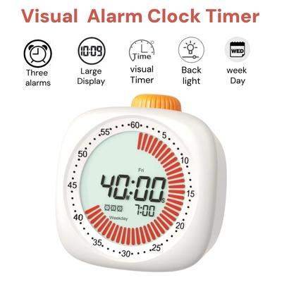 Pomodoro Digital Visual Timer with 3 Alarm Clock, All In One 60min Study Kitchen Shower Blacknight Cute Timer, Time Manager Tool